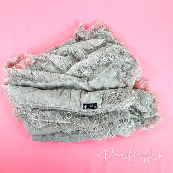 Florence Italy Lace Edge Cotton Rectangle Scarf Gray - Picture 6 of 7